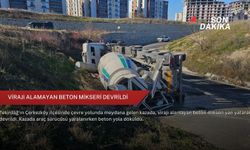Virajı alamayan beton mikseri devrildi