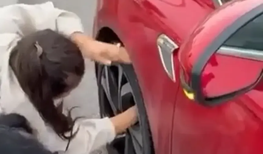 Bursa'da korkan yavru kedi otomobilin tekerine sığındı